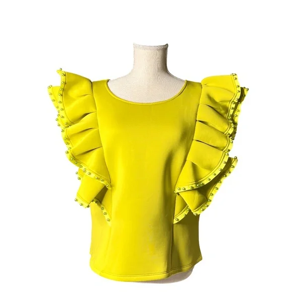 #A067  FT INC Lime Green Ruffle Top with Pearl Trim – Size XL (NWT) - Picture 3 of 9